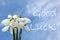 Bouquet of beautiful snowdrops and phrase GOOD LUCK against sky