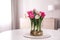 Bouquet of beautiful tulips with bulbs on table indoors. Space for text