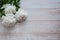 A bouquet of beautiful white peonies Paeonia lies on a light wooden background.