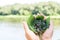 A bouquet of blackberries on the stems lies on the leaves in the hands of a woman. on the background of the river