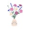 Bouquet of blooming meadow flowers in ceramic vase. Floristic composition of daisy, lavender and cosmos plants. Spring