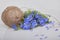 Bouquet of blue Flax flowers and Linen thread ball on a white background