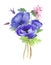 Bouquet of blue and pink anemones, clematis and branches of eucalyptus