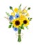 Bouquet of blue and yellow sunflowers, cornflowers, dandelions, and ears of wheat. Vector illustration
