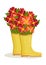 Bouquet of bright colorful flowers in yellow rain boots. Spring composition for Women's Day, Mother's Day