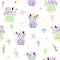 Bouquet of bright multicolored flowers in a polka dot vase and hearts. seamless pattern
