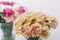 Bouquet of carnation flowers unusual colors, caramel color with specks of red. Spring background. Clove bunch present