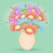 . Bouquet of cartoon flowers in the vase, vector hand-drawn. Colorful meadow buds multicolored chamomile and pink