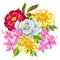 Bouquet with China flowers. Bright buds of magnolia, peony, rhododendron and chrysanthemum