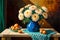 Bouquet of chrysanthemums in a blue vase on the table