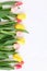 Bouquet of colored tulips on a white background. Spring flowers. Colored tulips, Lovely tulip flowers composition. Valentines Day