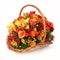 Bouquet with colorful flowers in handmade basket