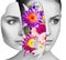 Bouquet of colorful flowers inside young woman`s face.