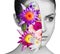Bouquet of colorful flowers inside young woman`s face.
