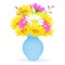 Bouquet of colorful flowers in the vase, vector drawing. Bright meadow buds yellow and white chamomile and pink flowers