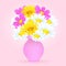 Bouquet of colorful flowers in the vase, vector drawing. Bright meadow buds yellow and white chamomile and pink flowers