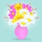 Bouquet of colorful flowers in the vase, vector drawing. Bright meadow buds yellow and white chamomile and pink flowers in pastel