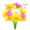 Bouquet of colorful flowers, vector drawing. Bright meadow buds yellow and white chamomile, cosmos pink flowers