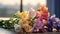 Bouquet of colorful freesia flowers on the windowsill