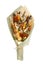 Bouquet consisting of salted stockfish of different breeds, slices of dried squid and other fish on a white background