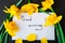 Bouquet of daffodil near card with good morning on black background. Top view. Copy space. Mothers day or Womens day. Greeting.