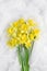 bouquet of daffodils on white flowing tulle. simple flat composition with spring flowers.