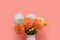 Bouquet of dahlia flowers in vase in front of coral color background