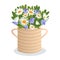 Bouquet of daisies and bellflowers in a wicker basket. Spring flowers with green leaves decoration. Floral arrangement