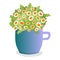 Bouquet of daisies in a blue cup, flowers with green leaves and white petals. Springtime decoration, fresh floral