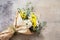 Bouquet daisy chamomile flowers on wooden garden table.