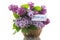 bouquet of different blooming spring lilacs in basket on white background