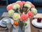 Bouquet of dried flowers.power of purpleOrange flowers and white flowers in a glass vase