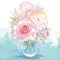 Bouquet with five ornate peony flower and leaves in the round transparent vase on the textured background with blots.l
