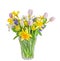 Bouquet, floral arrangement with yellow daffodils, white tulips, blue Hyacinthus orientalis and white roses, transparent vase, cl