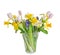 Bouquet, floral arrangement with yellow daffodils, white tulips, blue Hyacinthus orientalis and white roses, transparent vase, cl