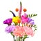 Bouquet flower freesia, carnation, craspedia and veronica isolated on white background