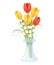 A bouquet of flowers in glass vase. Spring red and yellow tulip with Convallaria majalis. Lilly of the valley. Green flower