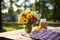 bouquet of flowers on outdoors picnic table