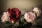 Bouquet of flowers, pink and red fabric roses on a dark background