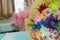 A bouquet of flowers on the table.Rainbow Daisies. Chrysanthemum Rainbow Flower. Bouquets of blossom rainbow Chrysanthemum . multi