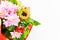 Bouquet of flowers on a white background. Flower of a sunflower. Place for an inscription. Easy cut. View from above. close-up