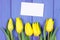 Bouquet of fresh tulips on purple wooden background, copy space for text on sheet of paper
