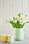 Bouquet of fresh white tulips in vase. Greeting card for mother`s day or happy birthday. Space for text. Easter, Spring or summer