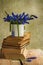 Bouquet hyacinth flowers books vintage wooden