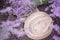 A bouquet of lavender, book and a straw hat on the soil