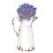 Bouquet of Lavender in a vintage vase. Watercolor botanical illustration of purple Flowers in a jar. Hand drawn fragrant