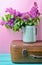 Bouquet of lilac in an old enameled teapot on vintage suitcase on pink background. Retro style still life.