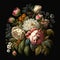 Bouquet of lovely flowers isolated on black closeup, many flowers illustration in vintage drawing style,
