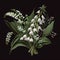 Bouquet of lovely lilies of the valley isolated on black closeup, many may lily illustration in vintage drawing style,