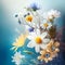 Bouquet of meadow flowers on blue gradient background with copy space